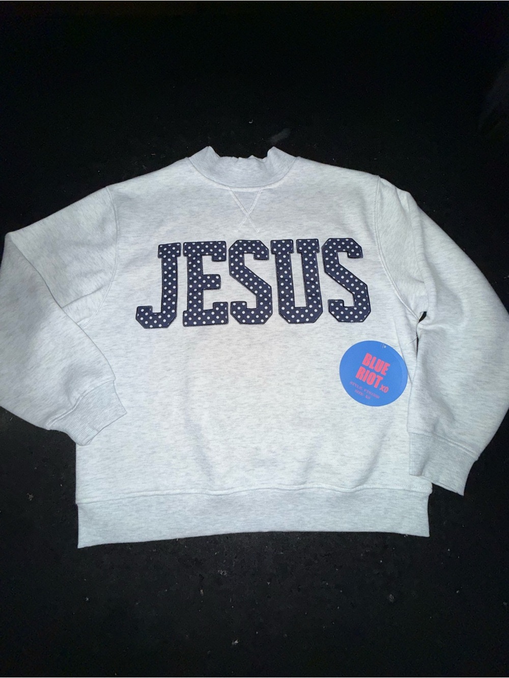 NEW BLUE RIOT XO VIRAL TIKTOK Gray MOCK NECK SWEATSHIRT Navy Polka Dot JESUS XS